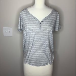 Grey Striped Tee with Buttons